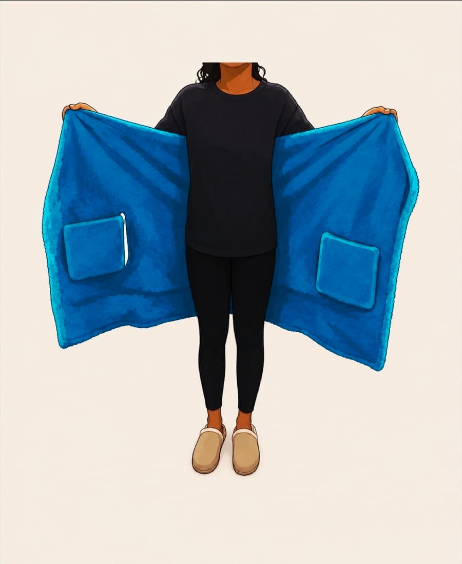 A person holding the towel open, showing the two snap-on pockets.