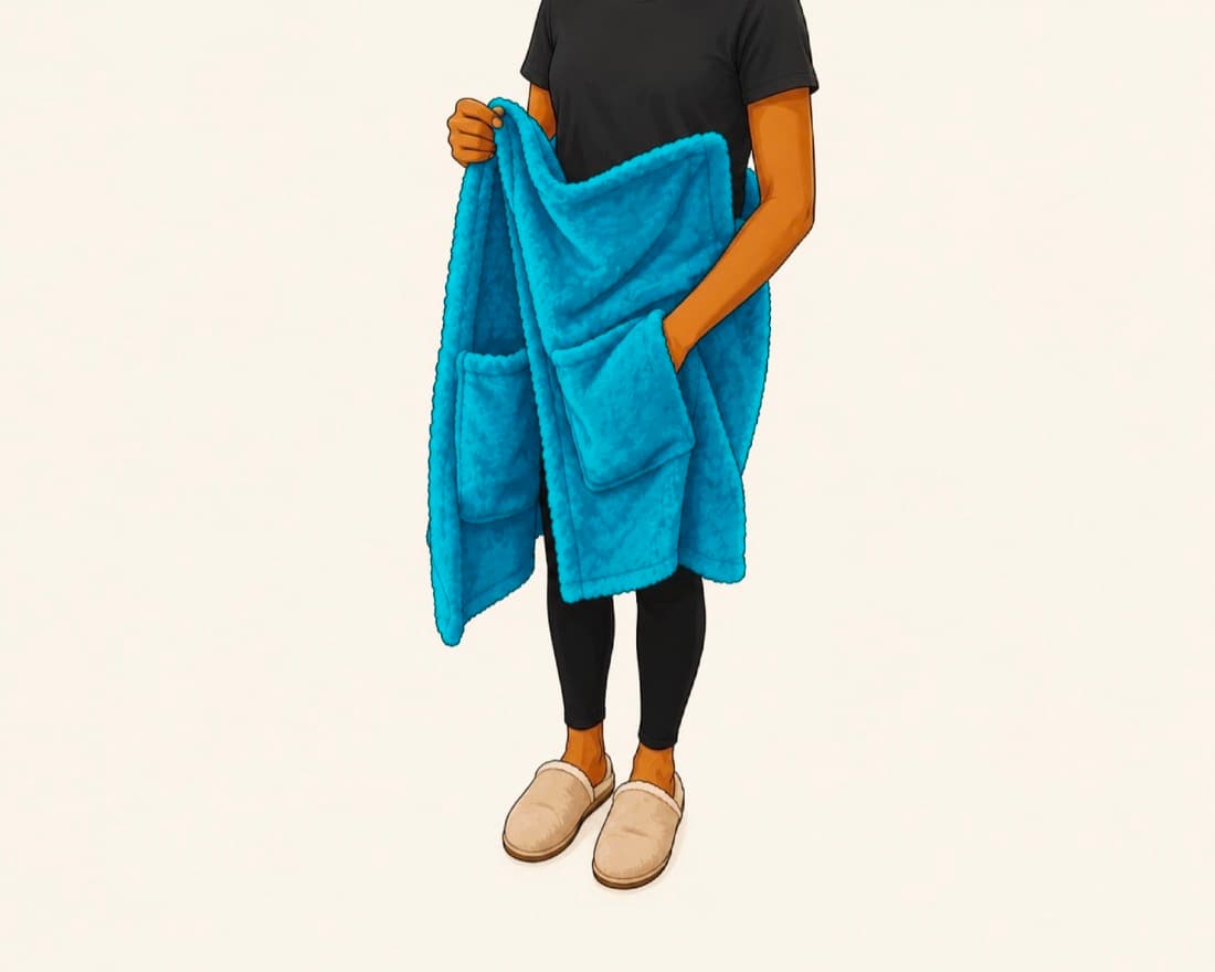 A person reaching a hand into the towel's snap-on pocket.